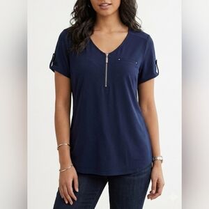 🪻Roz & Ali Navy V-Neck Short Sleeve Zip Front Top🪻size:1X